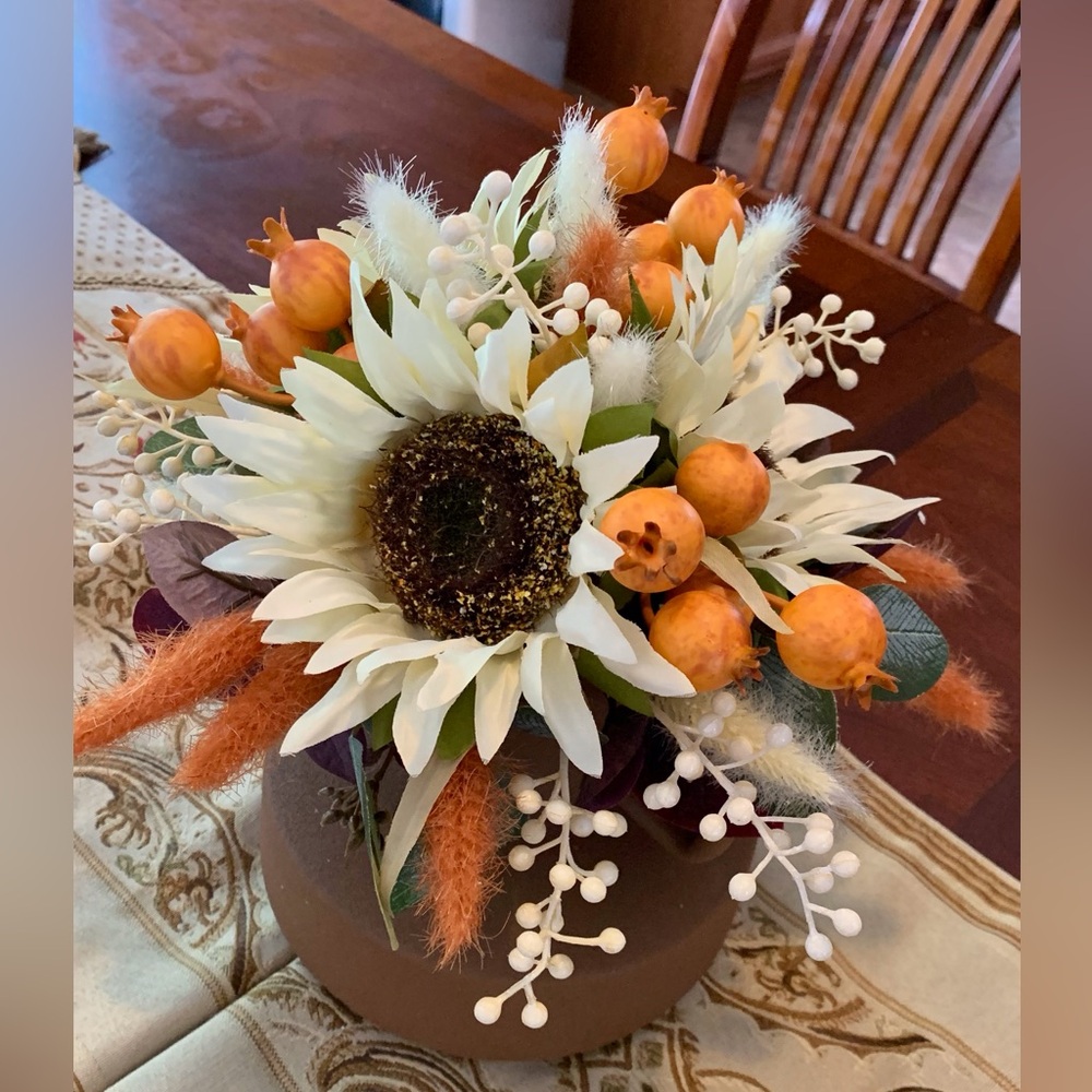 HAND CRAFTED Fall Table Decoration Centerpiece with Sunflowers and Berries